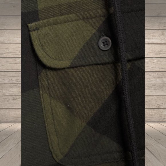 No Boundaries Men's Hooded Flannel Shirt Army Green and Black Checked - Picture 8 of 10